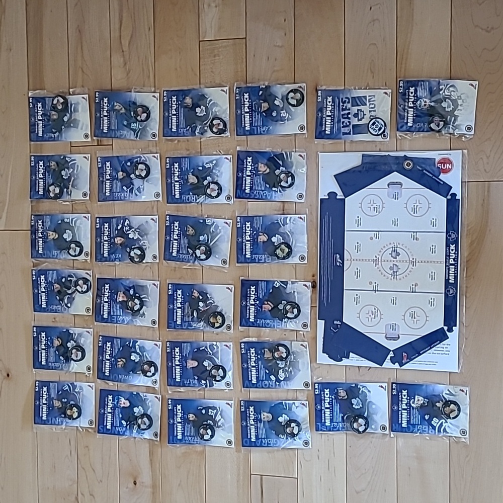 Complete set of Toronto Maple Leafs 2003/2004 mini pucks (28) and the arena